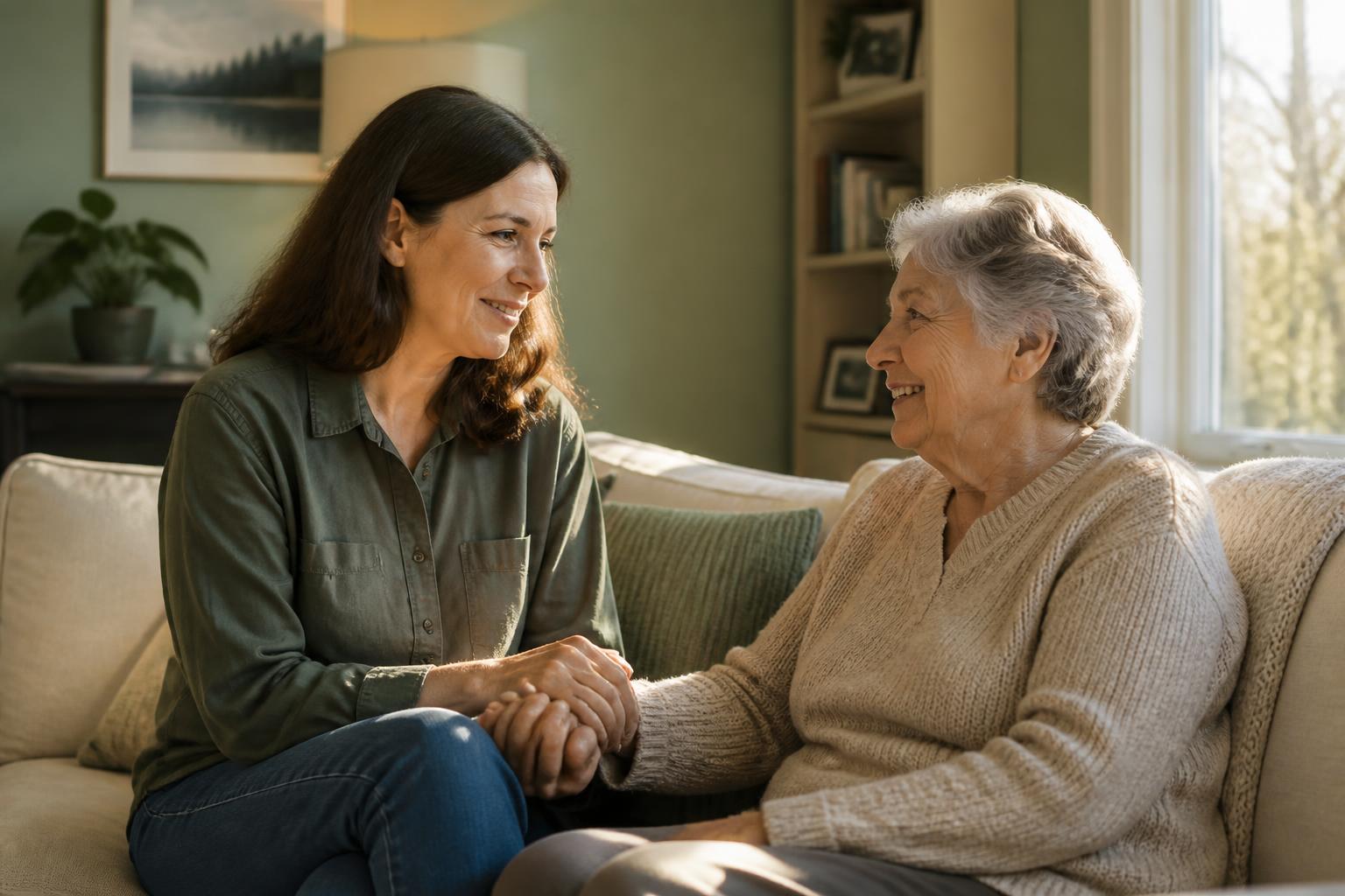 Adult daughter holding hands with her elderly mother at home